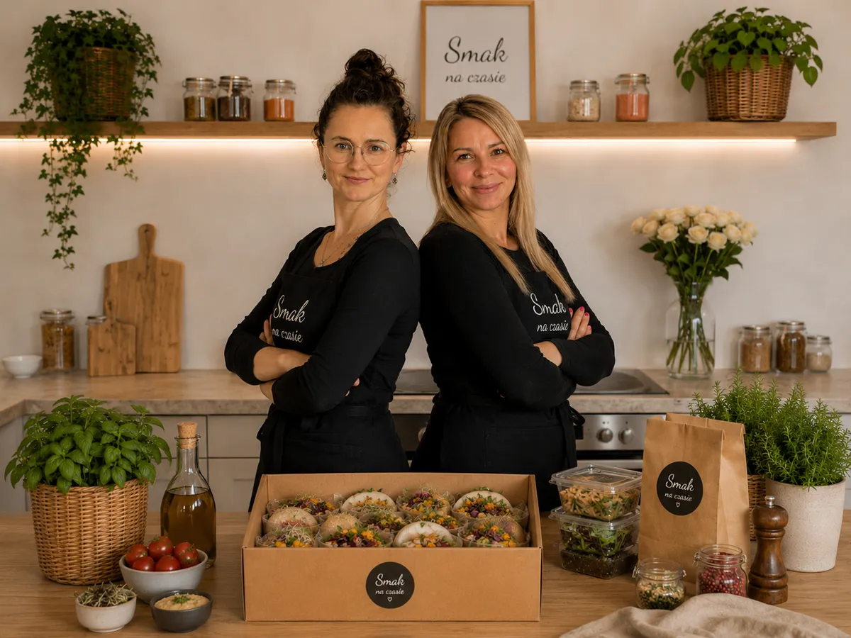 Właścicielki cateringu Smak na Czasie w kuchni — dwie koleżanki, kompozycja boxów na blacie